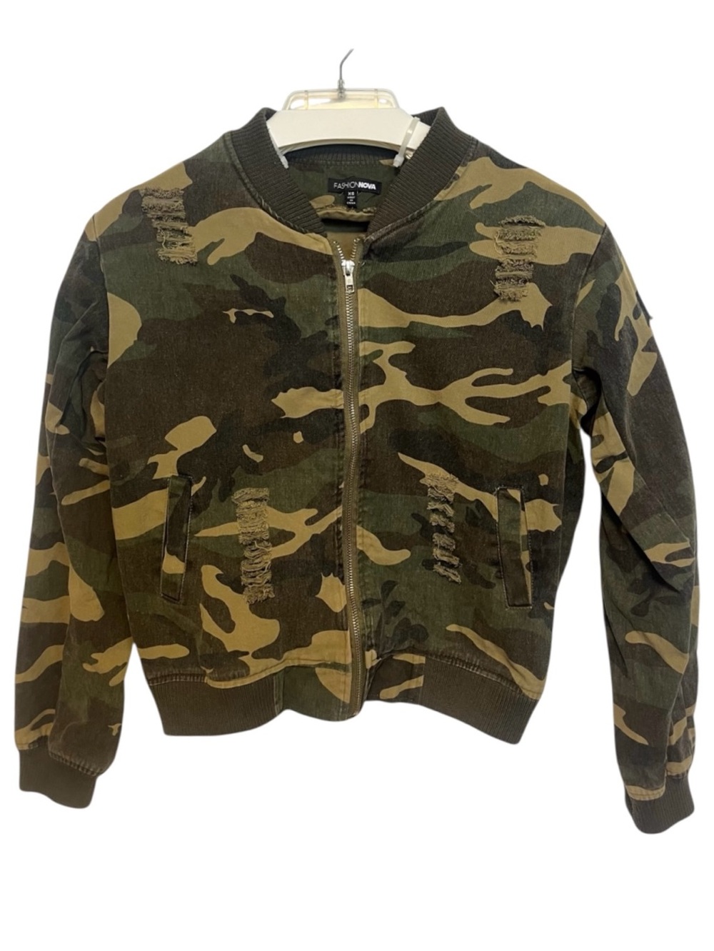 FASHION NOVA Camo Distressed Bomber Jacket - Size XS - - Picture 2 of 15